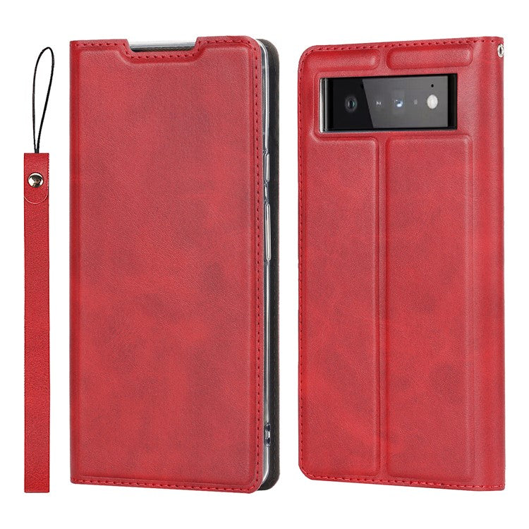 For Google Pixel 6 Pro Textured PU Leather Card Holder Case Stand Magnetic Auto-absorbed Protective Cover with Strap - Red