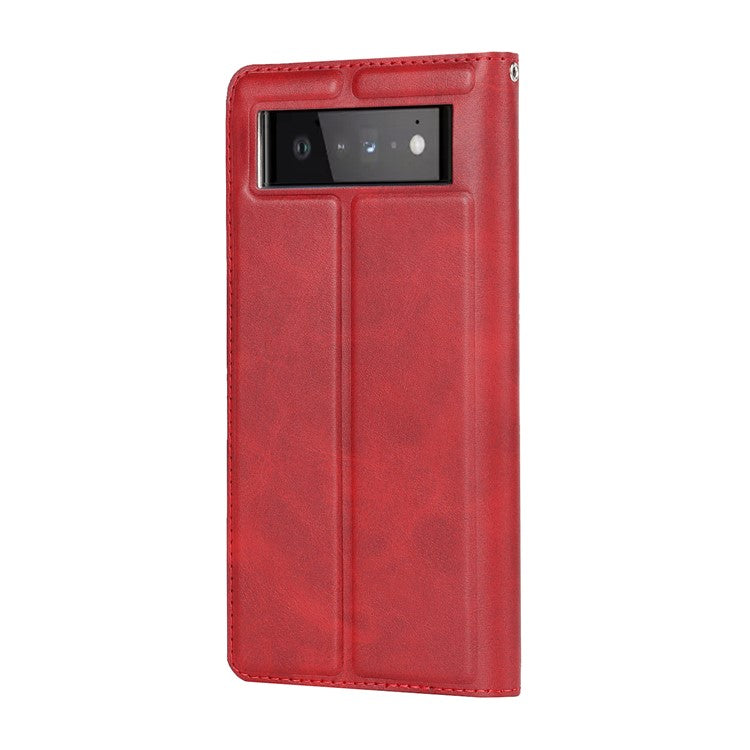 For Google Pixel 6 Pro Textured PU Leather Card Holder Case Stand Magnetic Auto-absorbed Protective Cover with Strap - Red