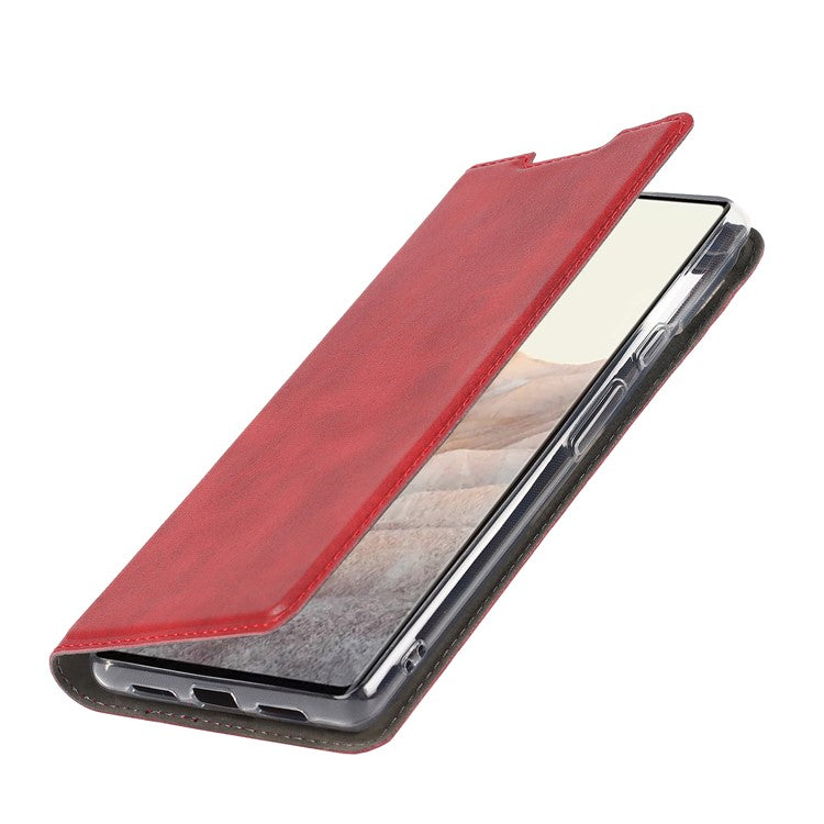 For Google Pixel 6 Pro Textured PU Leather Card Holder Case Stand Magnetic Auto-absorbed Protective Cover with Strap - Red