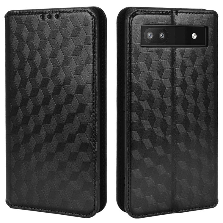 For Google Pixel 6a Imprinted Rhombus Leather Cover Wallet Stand Magnetic Auto Closing Phone Protector Case - Black