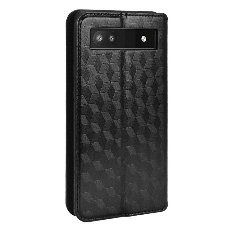 For Google Pixel 6a Imprinted Rhombus Leather Cover Wallet Stand Magnetic Auto Closing Phone Protector Case - Black