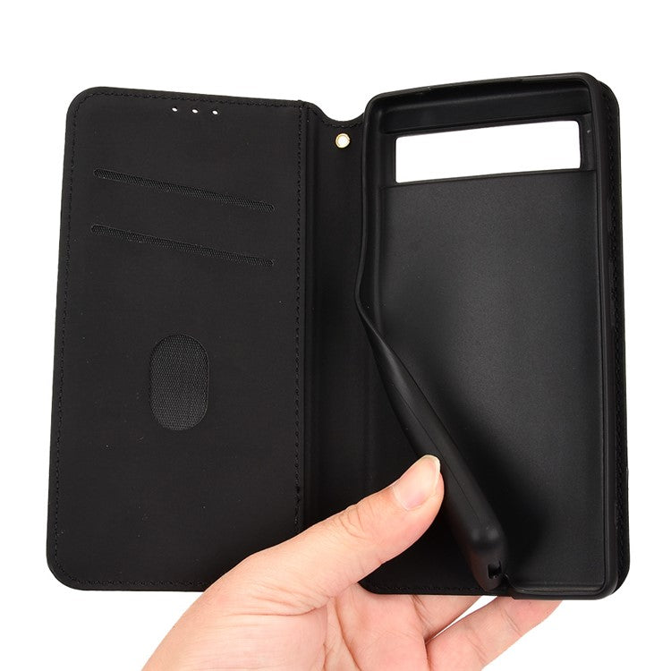 For Google Pixel 6a Imprinted Rhombus Leather Cover Wallet Stand Magnetic Auto Closing Phone Protector Case - Black