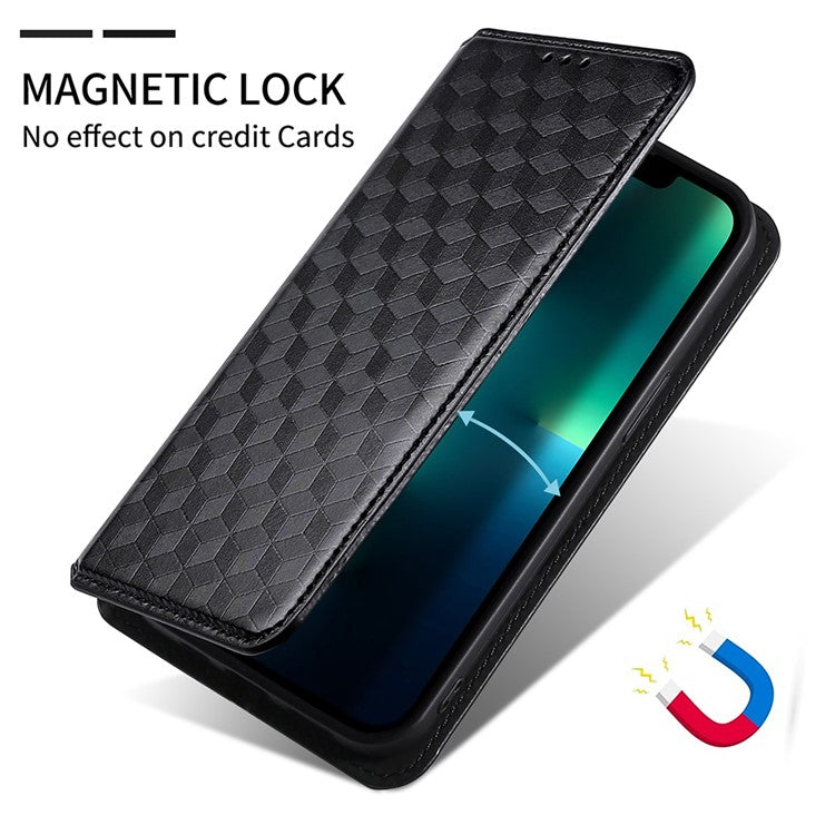 For Google Pixel 6a Imprinted Rhombus Leather Cover Wallet Stand Magnetic Auto Closing Phone Protector Case - Black