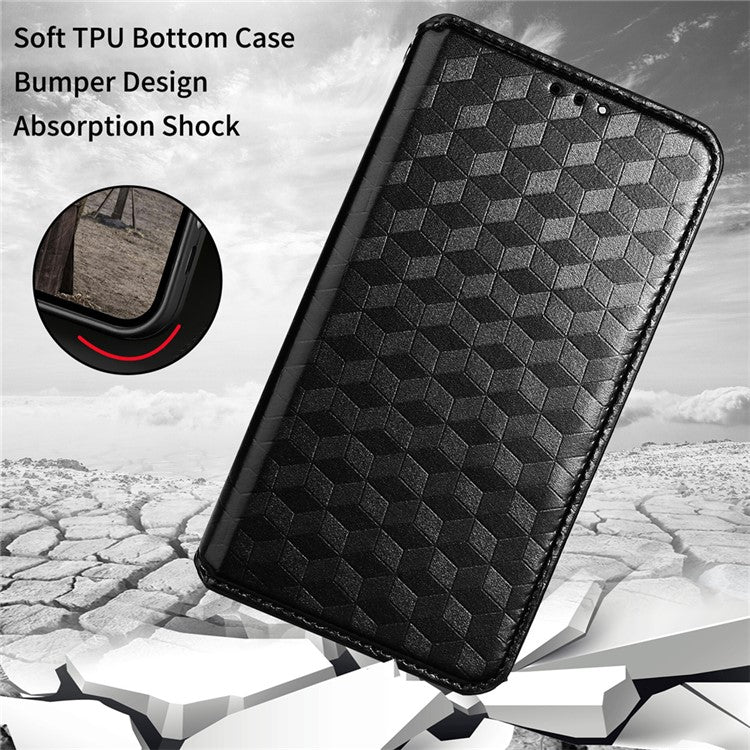 For Google Pixel 6a Imprinted Rhombus Leather Cover Wallet Stand Magnetic Auto Closing Phone Protector Case - Black