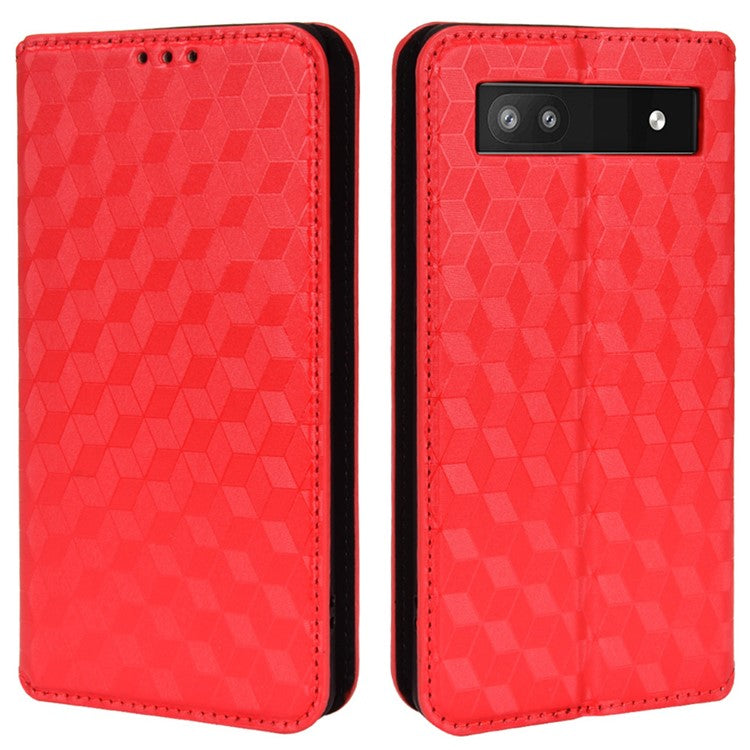 For Google Pixel 6a Imprinted Rhombus Leather Cover Wallet Stand Magnetic Auto Closing Phone Protector Case - Red