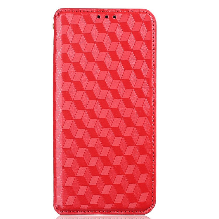 For Google Pixel 6a Imprinted Rhombus Leather Cover Wallet Stand Magnetic Auto Closing Phone Protector Case - Red