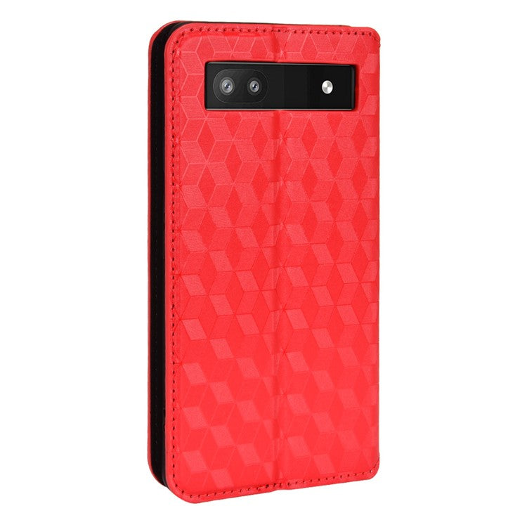 For Google Pixel 6a Imprinted Rhombus Leather Cover Wallet Stand Magnetic Auto Closing Phone Protector Case - Red