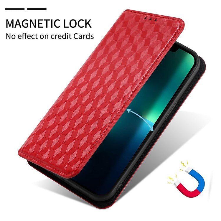 For Google Pixel 6a Imprinted Rhombus Leather Cover Wallet Stand Magnetic Auto Closing Phone Protector Case - Red