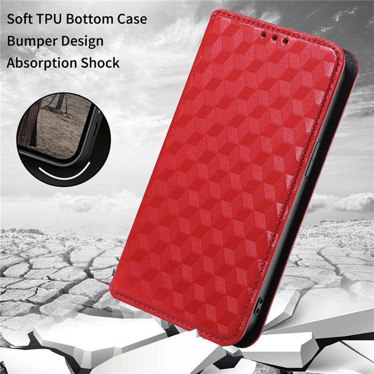 For Google Pixel 6a Imprinted Rhombus Leather Cover Wallet Stand Magnetic Auto Closing Phone Protector Case - Red