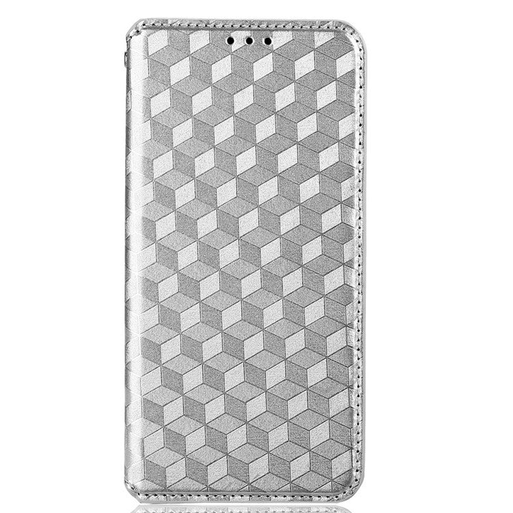 For Google Pixel 6a Imprinted Rhombus Leather Cover Wallet Stand Magnetic Auto Closing Phone Protector Case - Silver