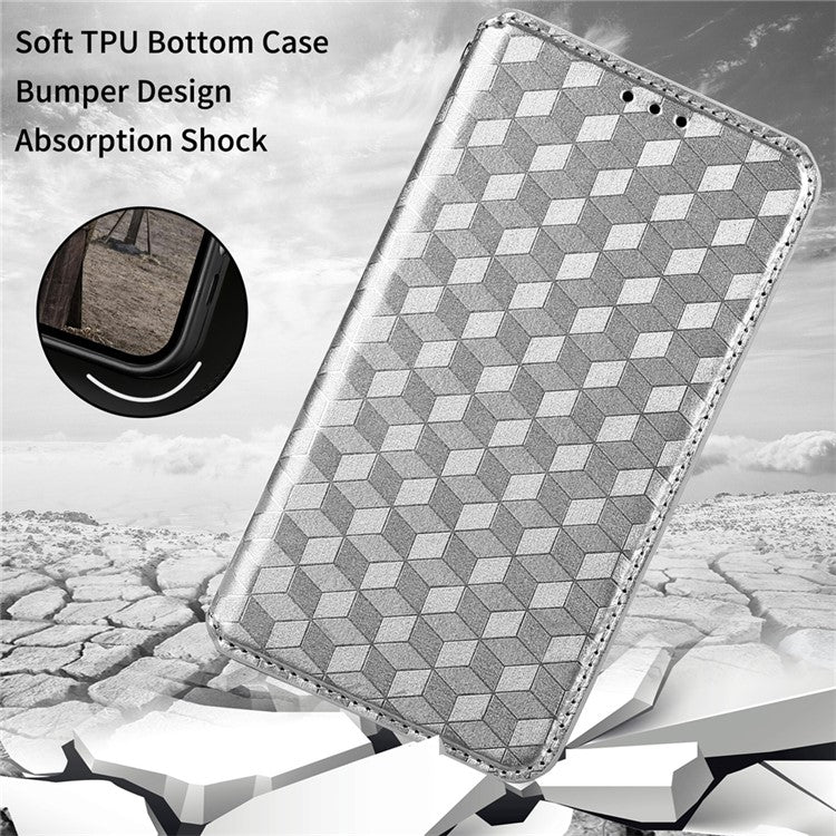 For Google Pixel 6a Imprinted Rhombus Leather Cover Wallet Stand Magnetic Auto Closing Phone Protector Case - Silver