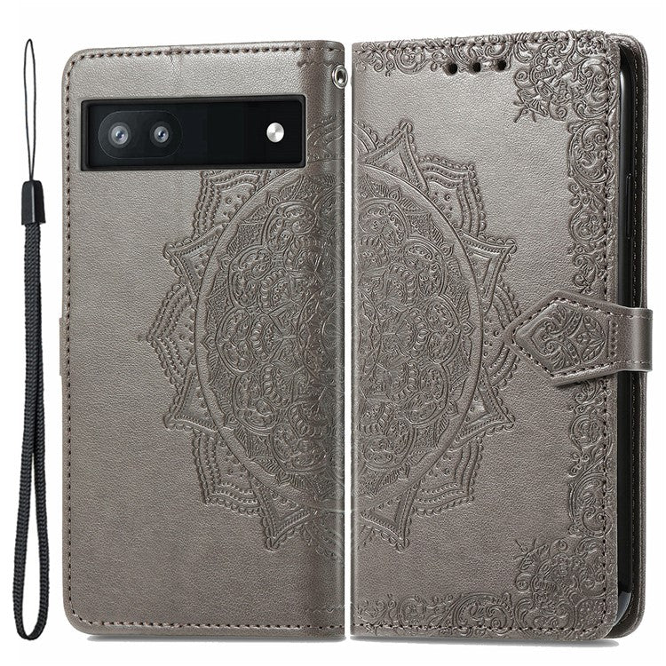 Phone Flip Cover for Google Pixel 6a Embossed Mandala Flower Soft PU Leather Wallet with Strap - Grey