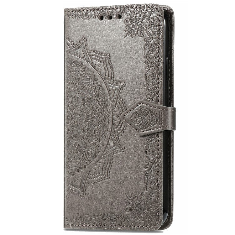 Phone Flip Cover for Google Pixel 6a Embossed Mandala Flower Soft PU Leather Wallet with Strap - Grey