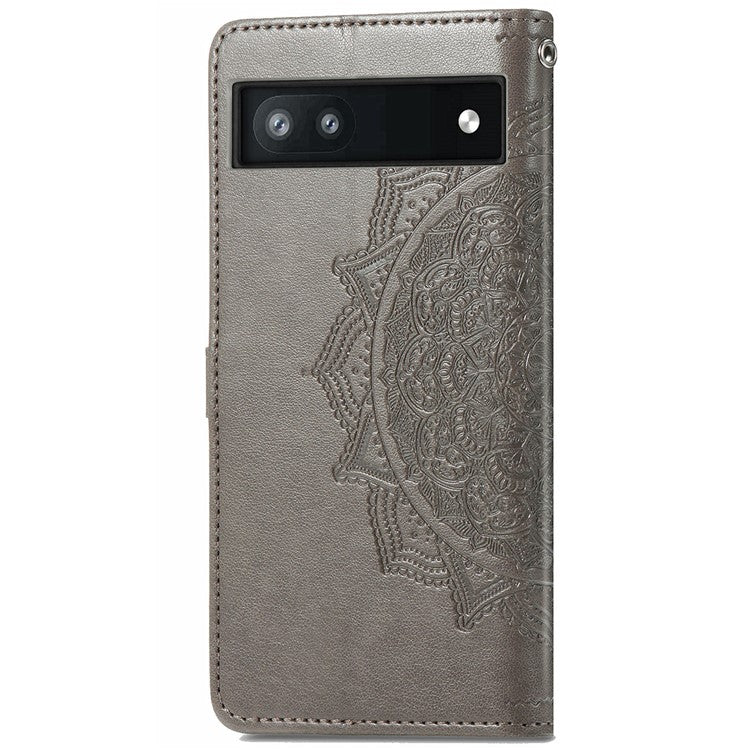 Phone Flip Cover for Google Pixel 6a Embossed Mandala Flower Soft PU Leather Wallet with Strap - Grey