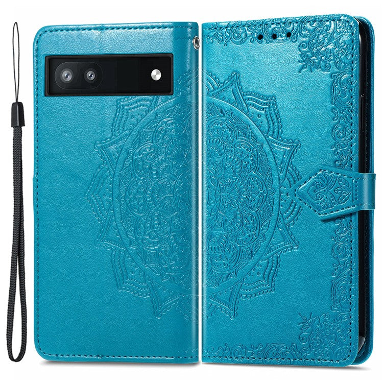 Phone Flip Cover for Google Pixel 6a Embossed Mandala Flower Soft PU Leather Wallet with Strap - Blue