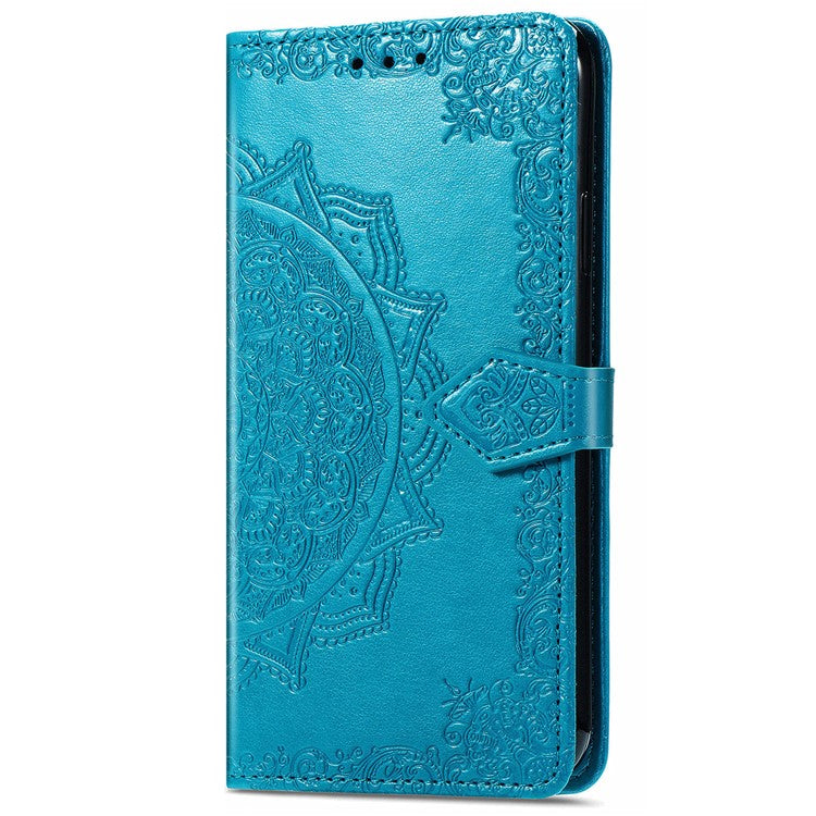 Phone Flip Cover for Google Pixel 6a Embossed Mandala Flower Soft PU Leather Wallet with Strap - Blue