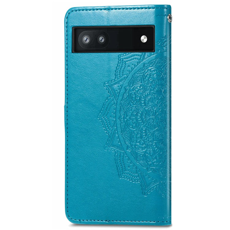 Phone Flip Cover for Google Pixel 6a Embossed Mandala Flower Soft PU Leather Wallet with Strap - Blue