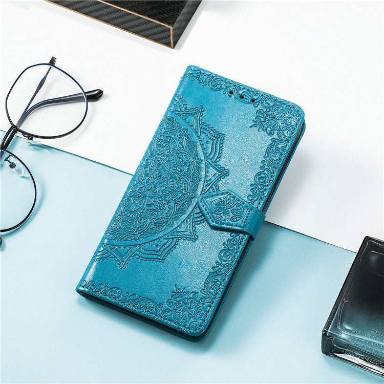 Phone Flip Cover for Google Pixel 6a Embossed Mandala Flower Soft PU Leather Wallet with Strap - Blue