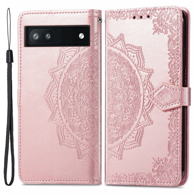 Phone Flip Cover for Google Pixel 6a Embossed Mandala Flower Soft PU Leather Wallet with Strap - Rose Gold