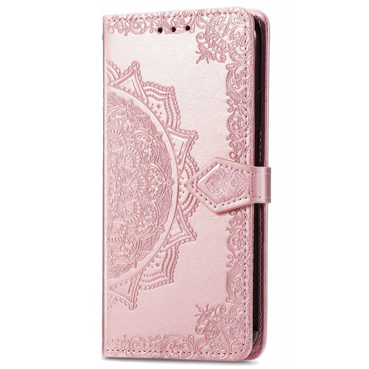 Phone Flip Cover for Google Pixel 6a Embossed Mandala Flower Soft PU Leather Wallet with Strap - Rose Gold