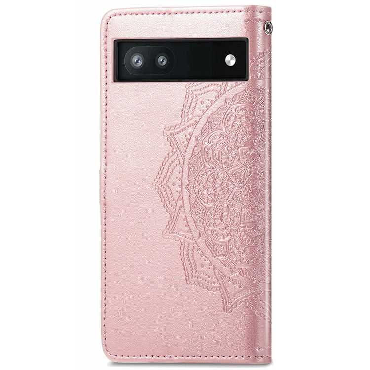 Phone Flip Cover for Google Pixel 6a Embossed Mandala Flower Soft PU Leather Wallet with Strap - Rose Gold