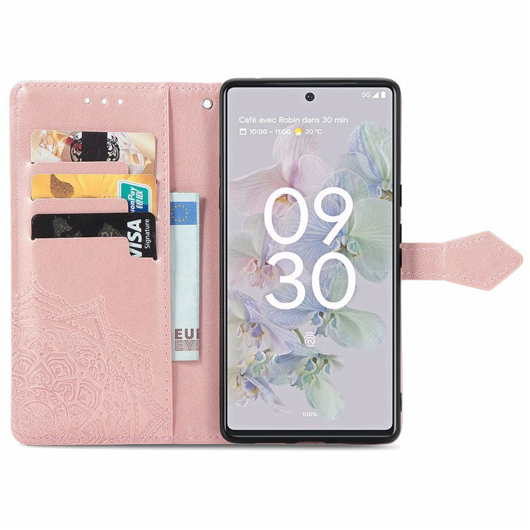 Phone Flip Cover for Google Pixel 6a Embossed Mandala Flower Soft PU Leather Wallet with Strap - Rose Gold