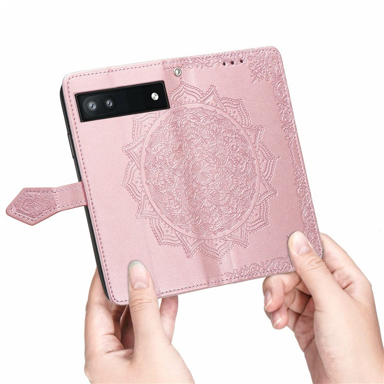 Phone Flip Cover for Google Pixel 6a Embossed Mandala Flower Soft PU Leather Wallet with Strap - Rose Gold