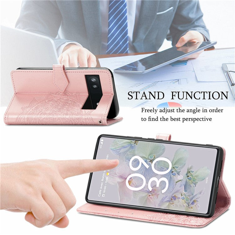 Phone Flip Cover for Google Pixel 6a Embossed Mandala Flower Soft PU Leather Wallet with Strap - Rose Gold