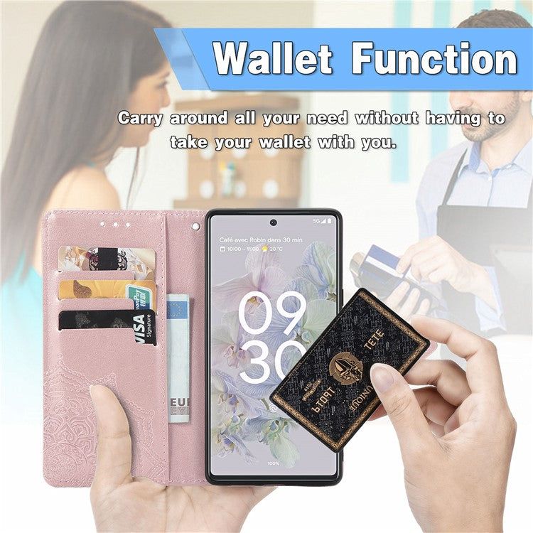 Phone Flip Cover for Google Pixel 6a Embossed Mandala Flower Soft PU Leather Wallet with Strap - Rose Gold