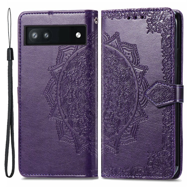 Phone Flip Cover for Google Pixel 6a Embossed Mandala Flower Soft PU Leather Wallet with Strap - Purple