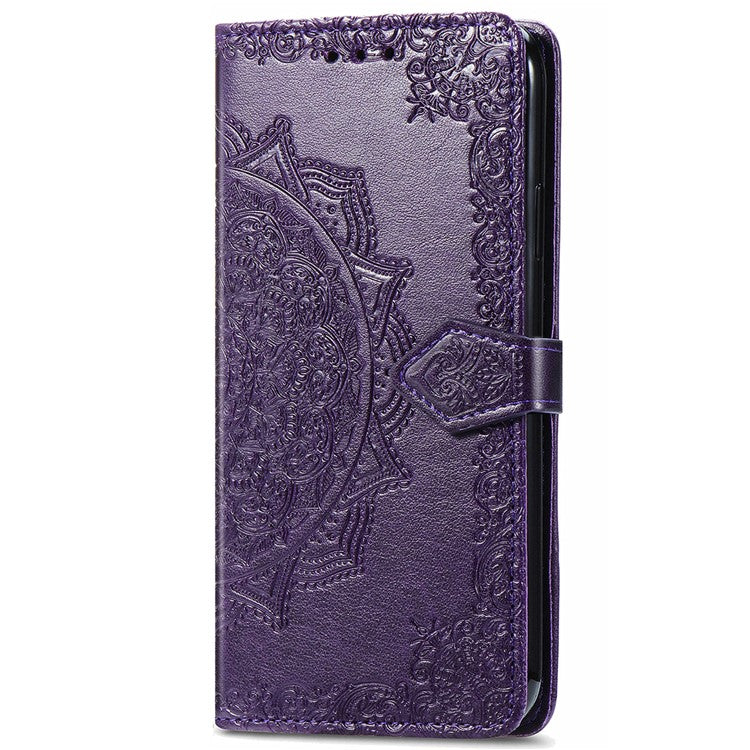 Phone Flip Cover for Google Pixel 6a Embossed Mandala Flower Soft PU Leather Wallet with Strap - Purple