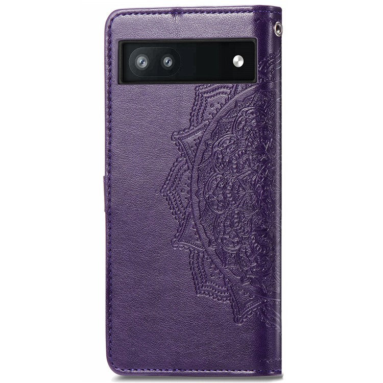 Phone Flip Cover for Google Pixel 6a Embossed Mandala Flower Soft PU Leather Wallet with Strap - Purple