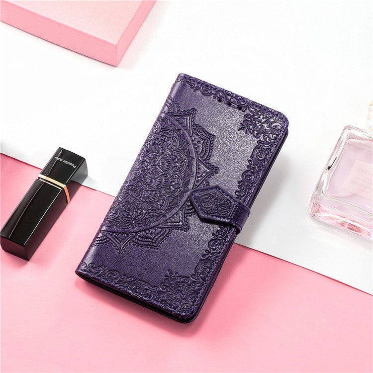 Phone Flip Cover for Google Pixel 6a Embossed Mandala Flower Soft PU Leather Wallet with Strap - Purple