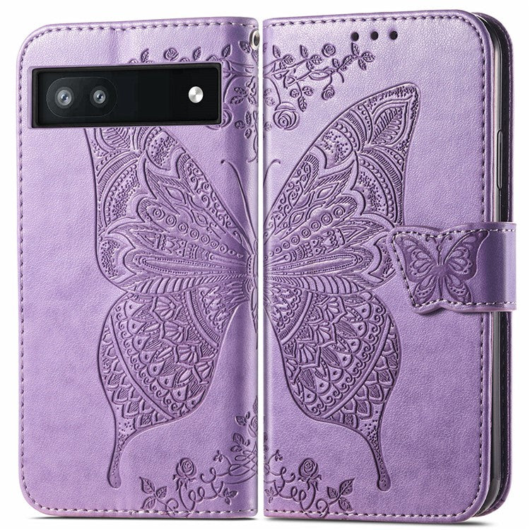 For Google Pixel 6a Butterfly Flower Imprinted PU Leather Wallet Flip Case with Stand and Strap - Light Purple