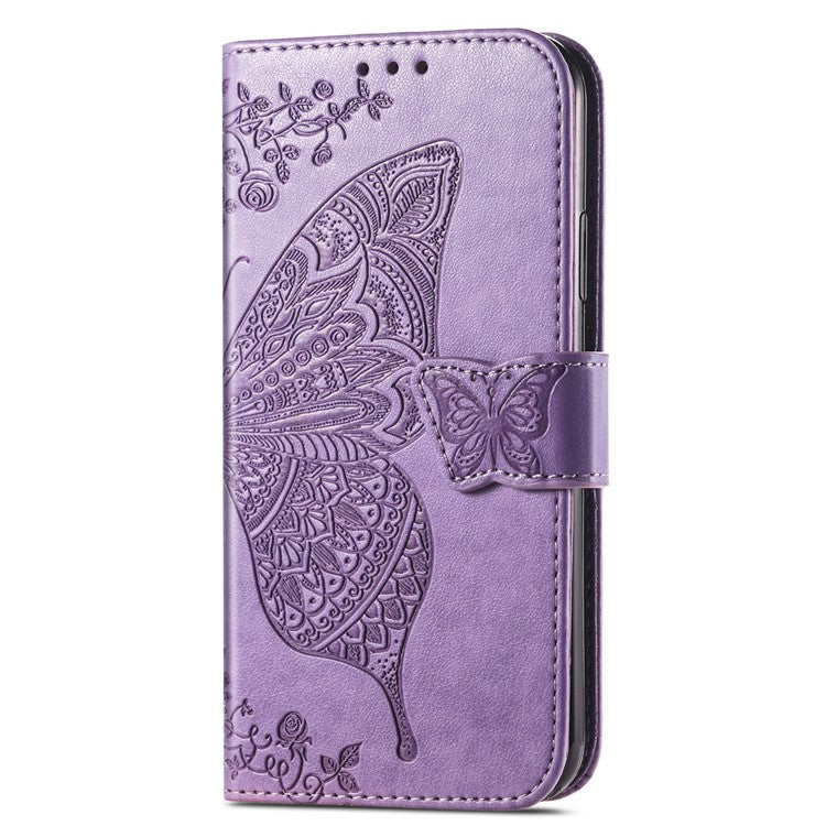 For Google Pixel 6a Butterfly Flower Imprinted PU Leather Wallet Flip Case with Stand and Strap - Light Purple