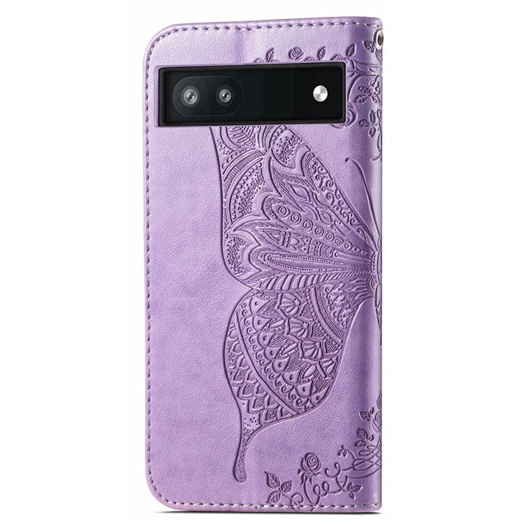 For Google Pixel 6a Butterfly Flower Imprinted PU Leather Wallet Flip Case with Stand and Strap - Light Purple