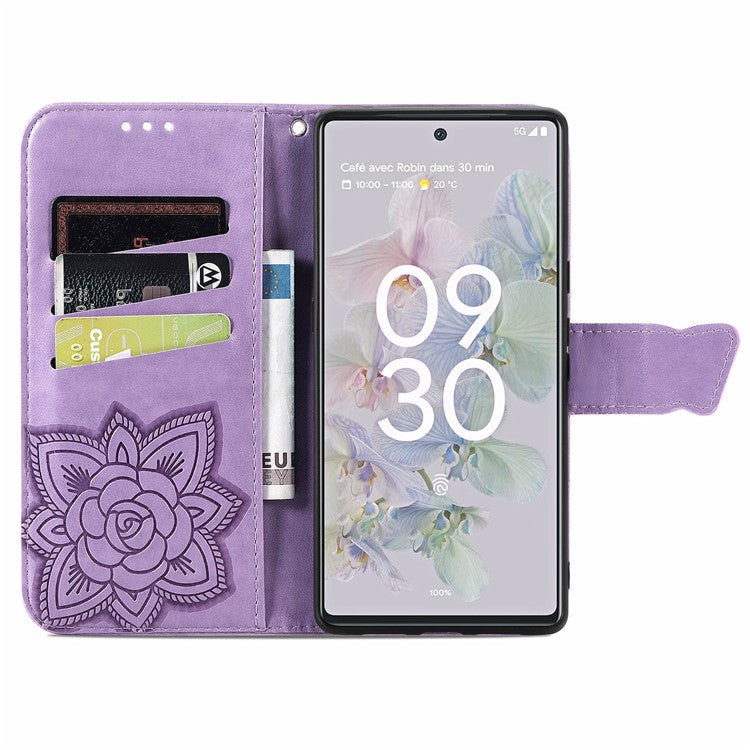 For Google Pixel 6a Butterfly Flower Imprinted PU Leather Wallet Flip Case with Stand and Strap - Light Purple