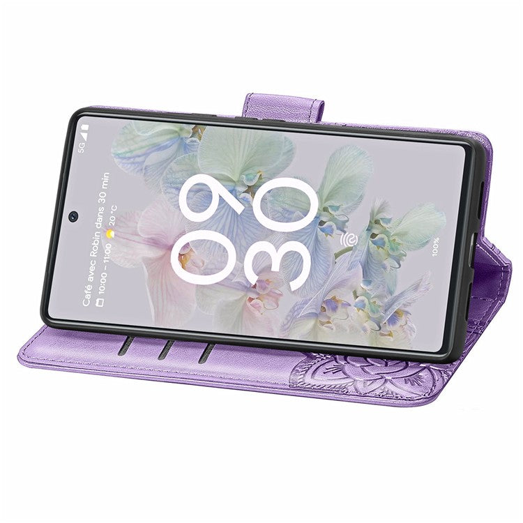 For Google Pixel 6a Butterfly Flower Imprinted PU Leather Wallet Flip Case with Stand and Strap - Light Purple