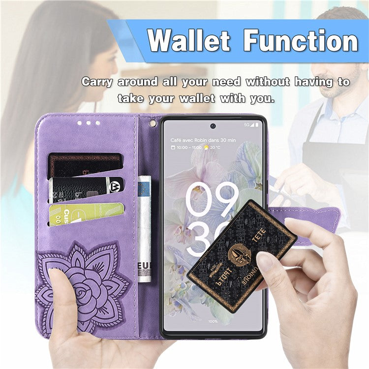 For Google Pixel 6a Butterfly Flower Imprinted PU Leather Wallet Flip Case with Stand and Strap - Light Purple