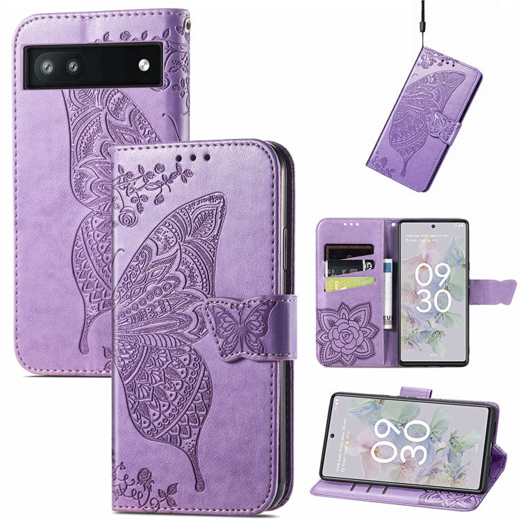 For Google Pixel 6a Butterfly Flower Imprinted PU Leather Wallet Flip Case with Stand and Strap - Light Purple