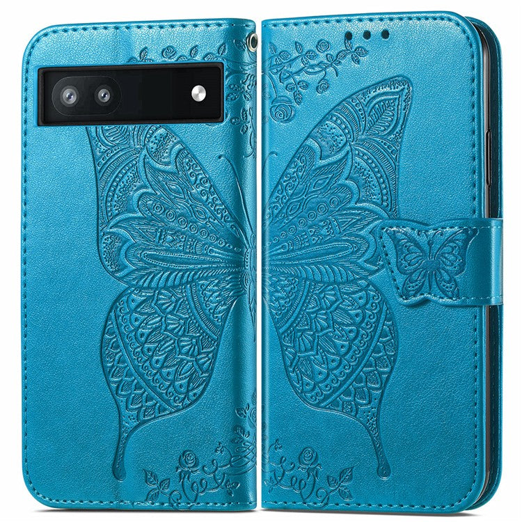 For Google Pixel 6a Butterfly Flower Imprinted PU Leather Wallet Flip Case with Stand and Strap - Blue