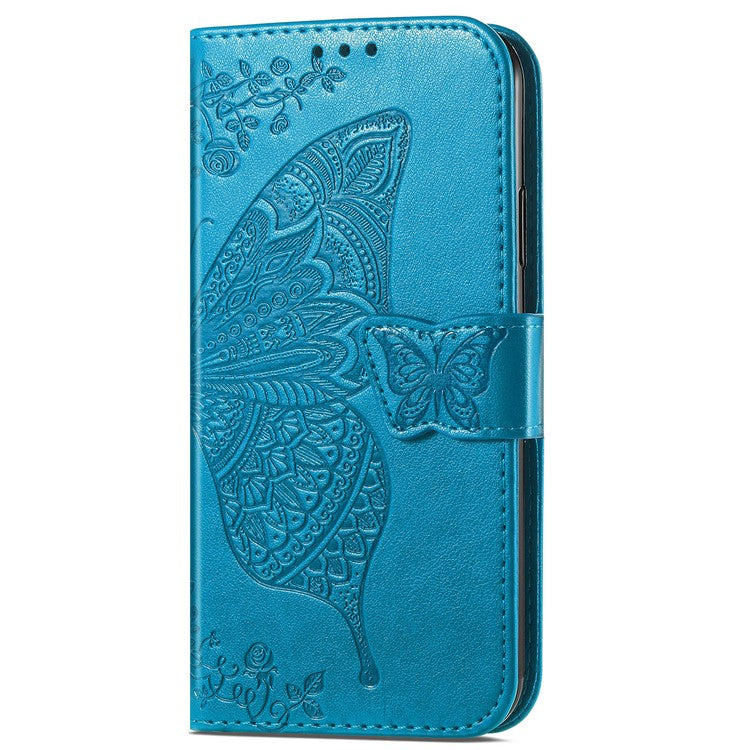 For Google Pixel 6a Butterfly Flower Imprinted PU Leather Wallet Flip Case with Stand and Strap - Blue