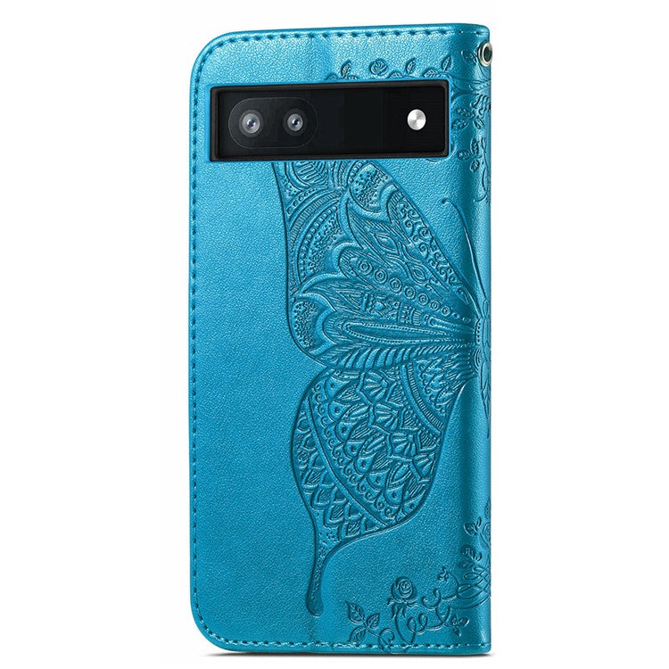 For Google Pixel 6a Butterfly Flower Imprinted PU Leather Wallet Flip Case with Stand and Strap - Blue