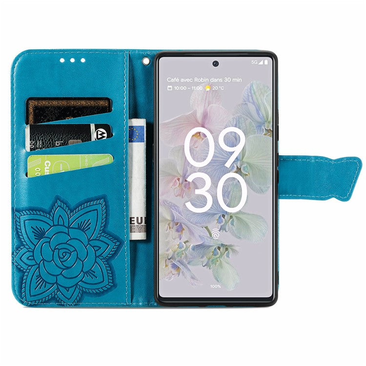 For Google Pixel 6a Butterfly Flower Imprinted PU Leather Wallet Flip Case with Stand and Strap - Blue