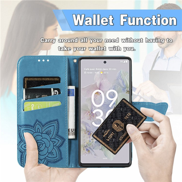 For Google Pixel 6a Butterfly Flower Imprinted PU Leather Wallet Flip Case with Stand and Strap - Blue