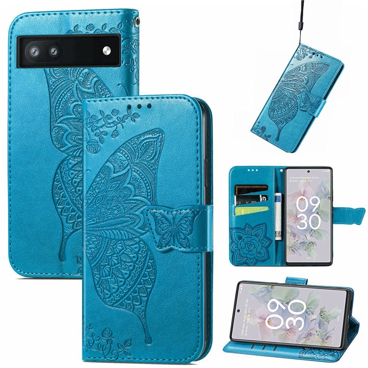 For Google Pixel 6a Butterfly Flower Imprinted PU Leather Wallet Flip Case with Stand and Strap - Blue