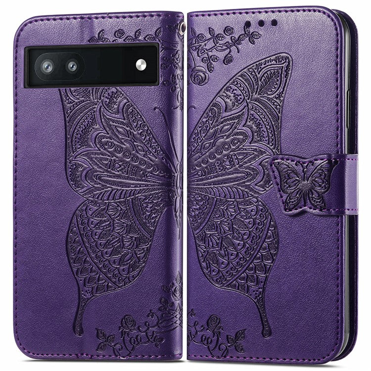 For Google Pixel 6a Butterfly Flower Imprinted PU Leather Wallet Flip Case with Stand and Strap - Purple