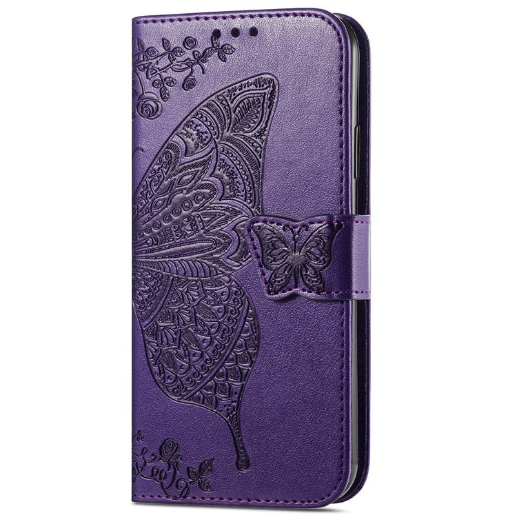 For Google Pixel 6a Butterfly Flower Imprinted PU Leather Wallet Flip Case with Stand and Strap - Purple