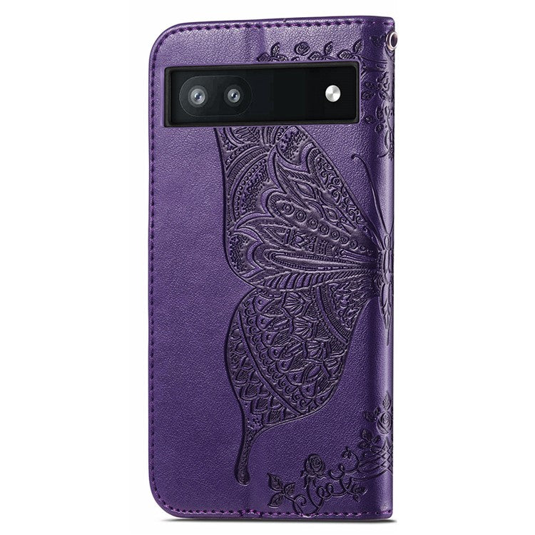 For Google Pixel 6a Butterfly Flower Imprinted PU Leather Wallet Flip Case with Stand and Strap - Purple