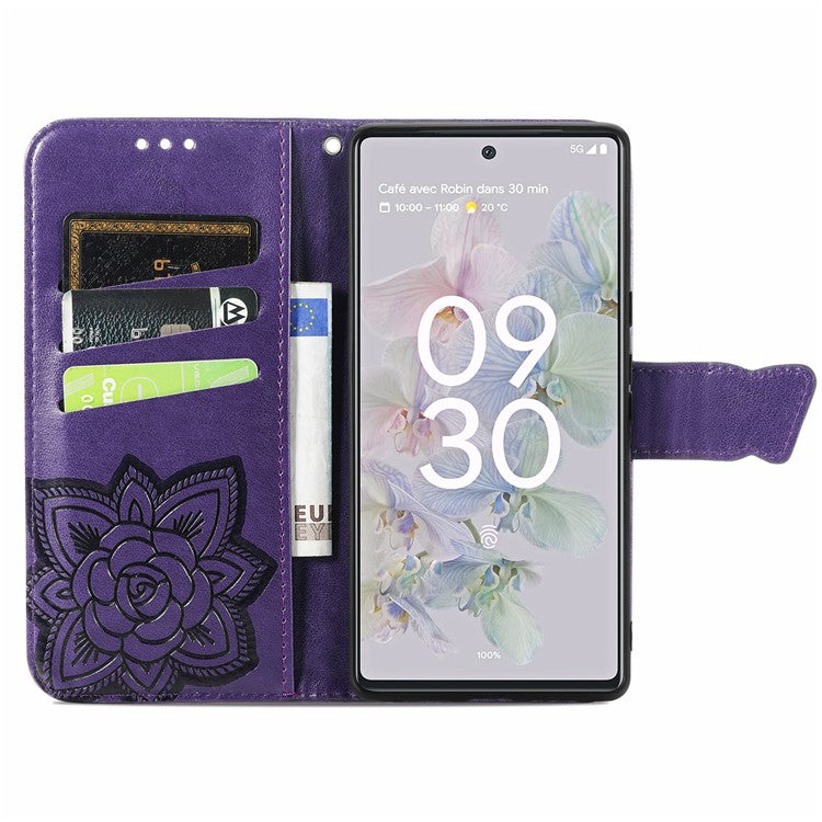 For Google Pixel 6a Butterfly Flower Imprinted PU Leather Wallet Flip Case with Stand and Strap - Purple